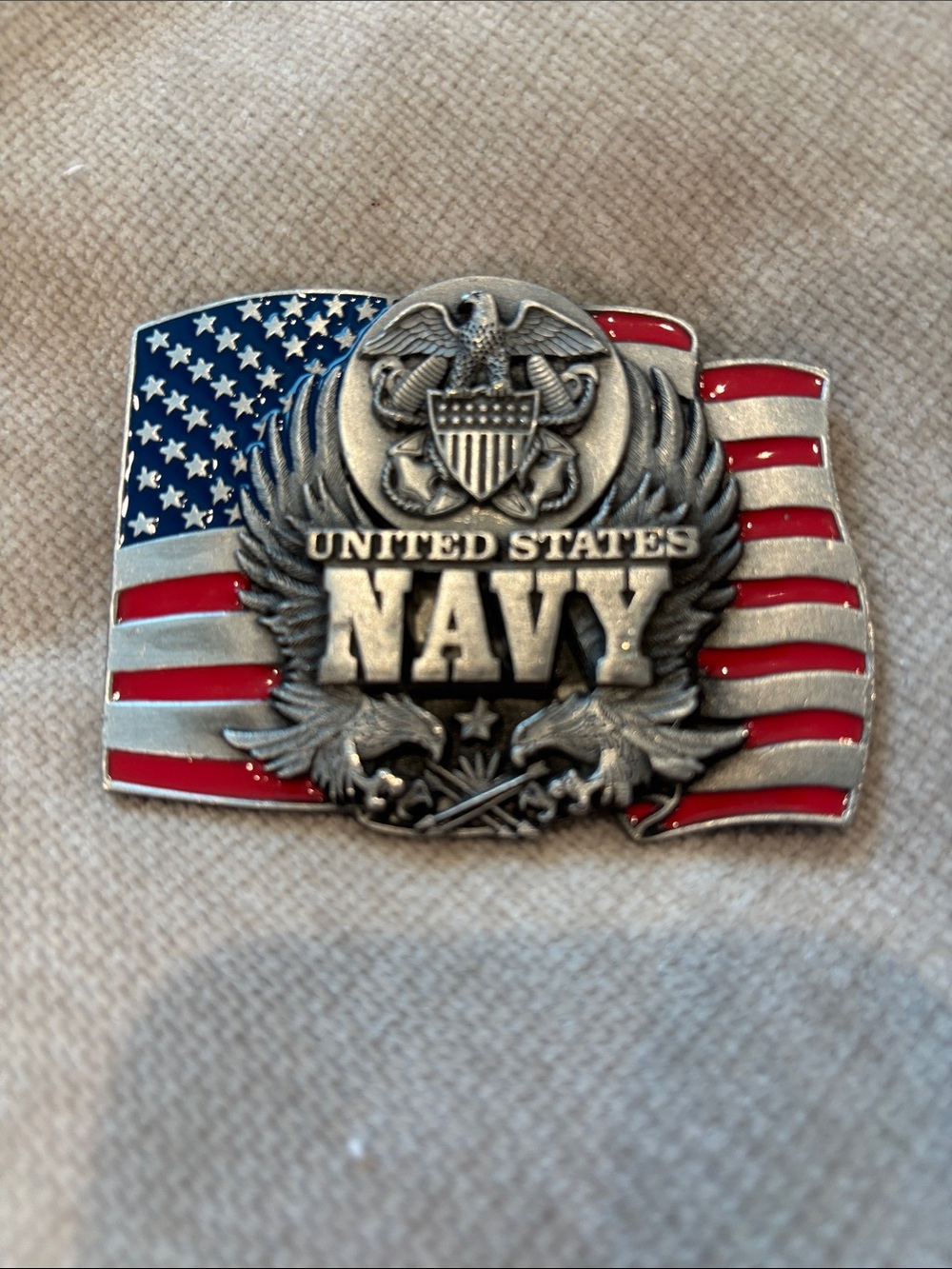 Vintage 1991 US Navy Belt Buckle Siskiyou American Flag Pewter D-92 Made in US